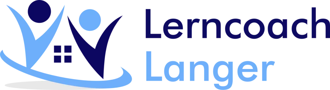 Logo von Lerncoach Langer in hell- und dunkelblau, zwei schematische Figuren bewegen sich freudig um einen Tisch